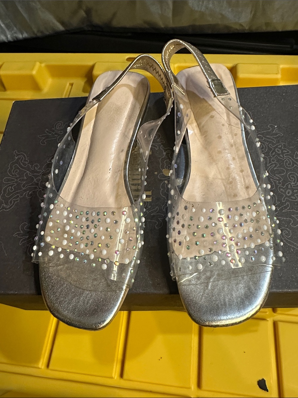 Women's Silver Slingback Mules with Clear Rhinestone Straps